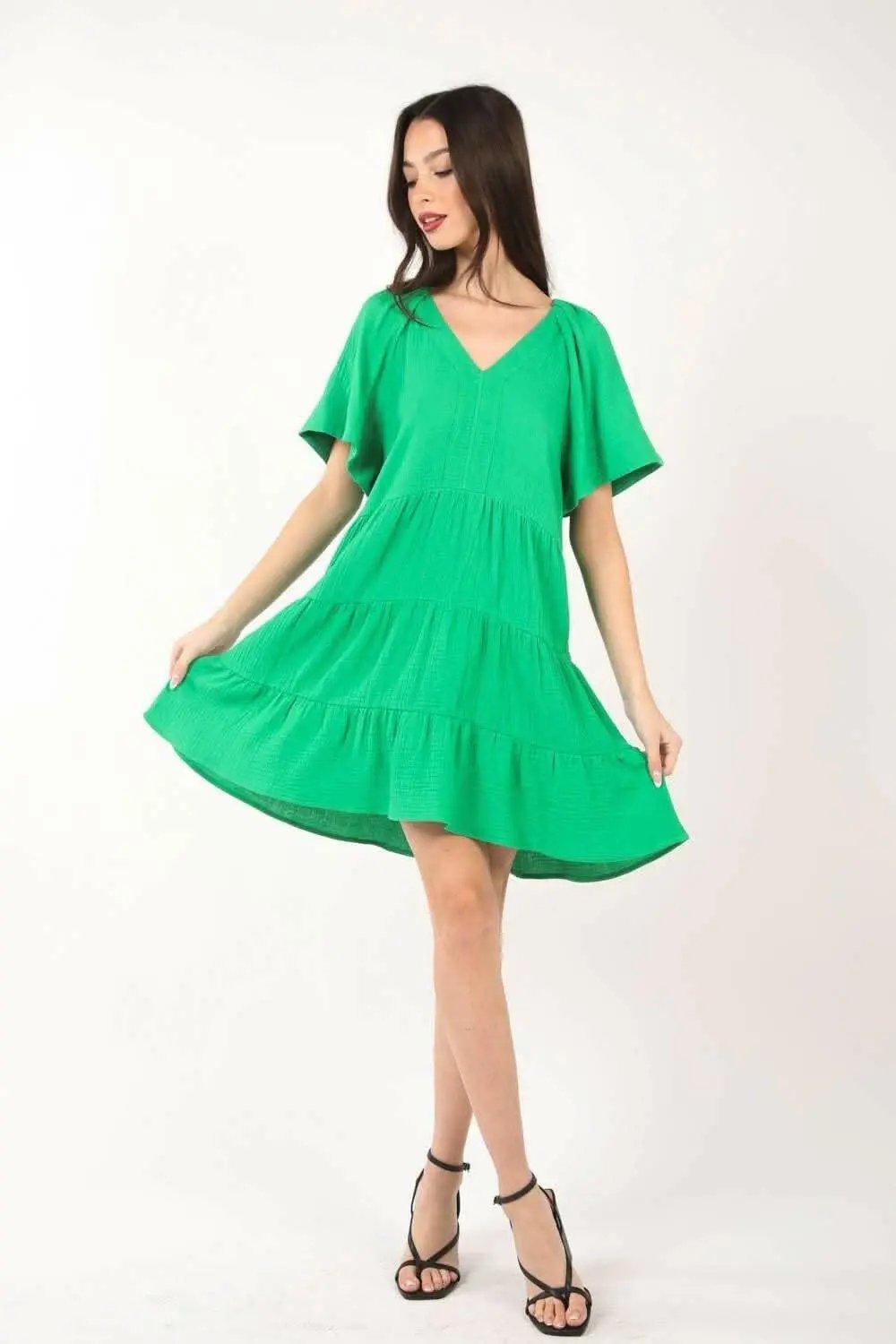Tiered Elegance Ruffled Dress with Textured V-Neck - Love Salve
